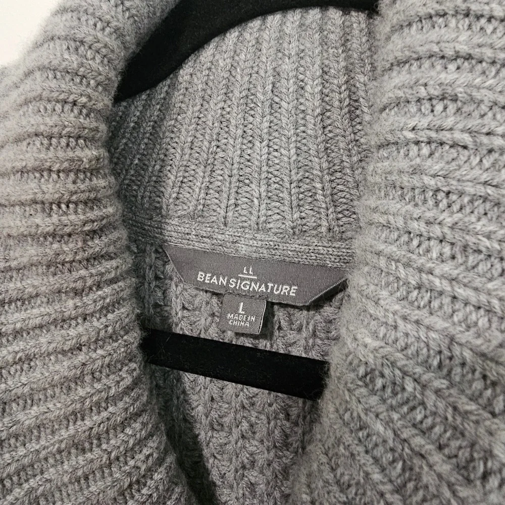 LL Bean Signature Mens Sweater Large Gray Merino Cashmere Shawl Chunky Knit Prep